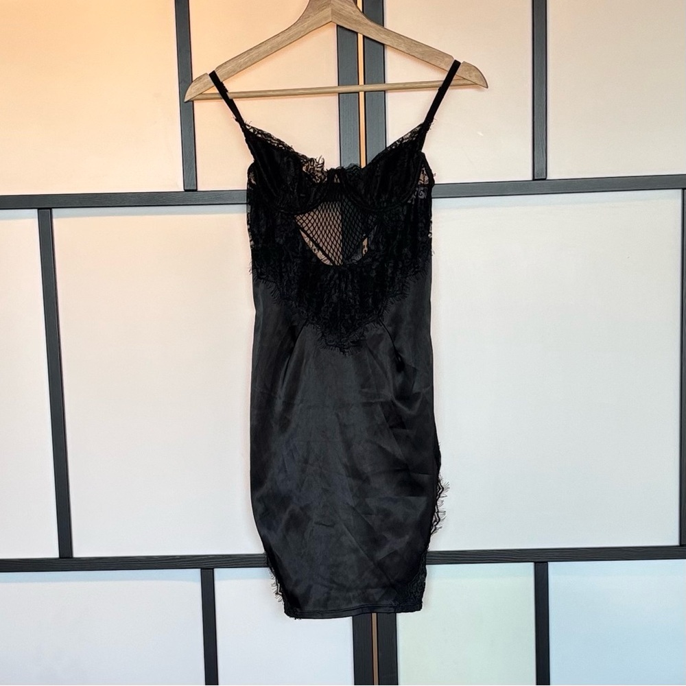 Tic Toc‎ Bodycon Sheer Lace Strap Underwire Bra Mini Dress/Lingere Black SMALL